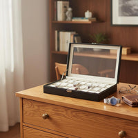 Watch Storage Box with Clear Lid Soft Interior Lining Watch Collection Box Metal Clasp Lock Contrast Stitching for Closet