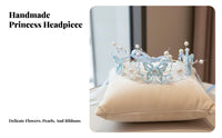 Girls Navy Princess Tiara Headband, Crystal Ribbon, Delicate Flower Fairy Design