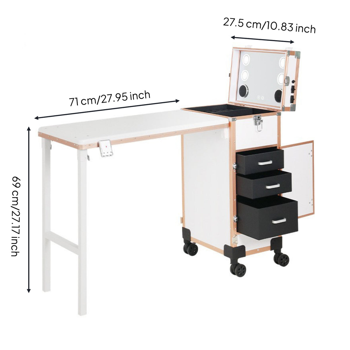 Fold-out Makeup Case with Table Portable Rolling Vanity Station Built-in Makeup Train Case with Drawers Professional for Studios