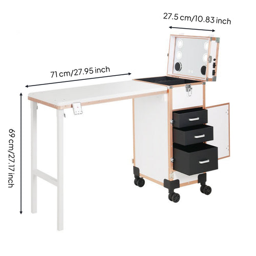 Fold-out Makeup Case with Table Portable Rolling Vanity Station Built-in Makeup Train Case with Drawers Professional for Studios