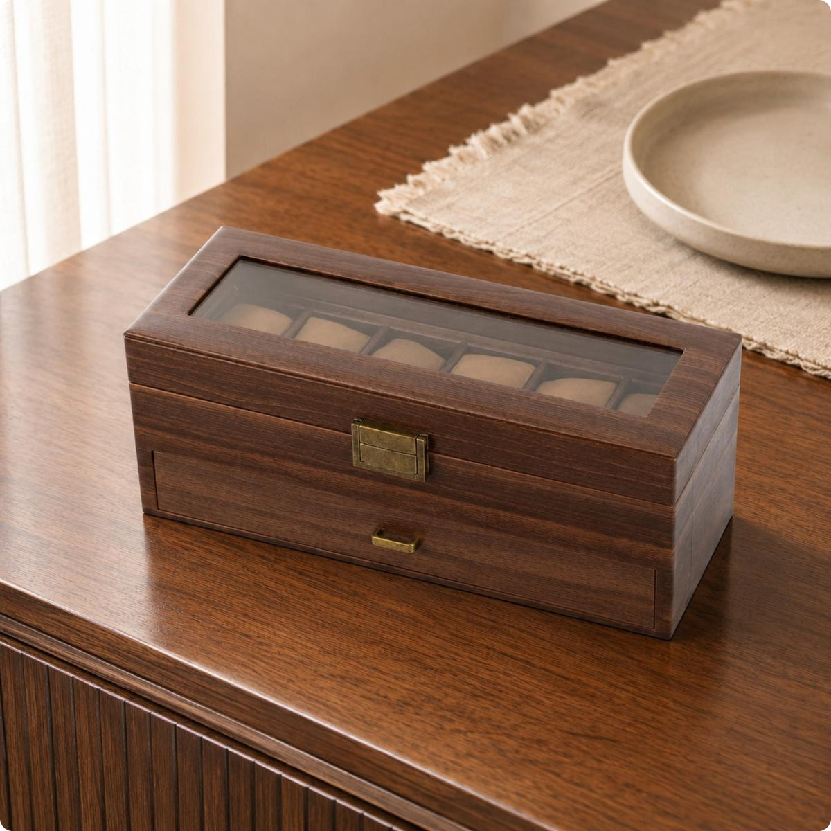 Watch and Jewelry Storage Box Transparent Lid Double-Layer Watch Box Wood-Grain