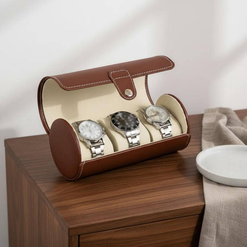 Cylinder Watch Travel Case Soft Interior Lining Watch Travel Case Accessory Storage Fine Stitching Snap Button Closure for Men