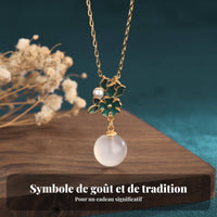White Chalcedony Drop Necklace Chinese Chic Design Enamel Flower Necklace