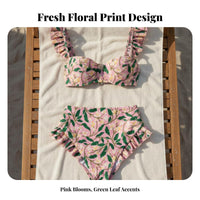 Modest Coverage High Waist Ruffle Bikini Vintage Inspired Floral Print Bikini Set Quick-Drying for Moms, Adults, Vacation, Resort, Cruise