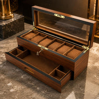 Double-Layer Watch Organizer Transparent Lid Wooden Watch Box Golden-Hued