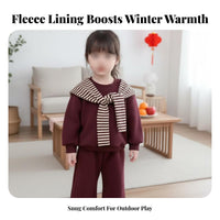 Boys' and Girls' Cotton Sweatshirt Set, Striped Cape, Wide Leg Pants, Burgundy, Fashionable New Year Outfit