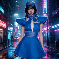 Aviation Attendant Cosplay Costume Full Blue-Tone Stewardess Uniform Complete Air Stewardess Outfit for Women, Halloween