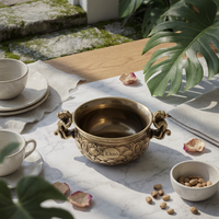 Brass Fortune Bowl Shiny Finish Mythical Lion Handle Bowl Carved Design