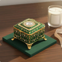 Vintage Jewelry Box Rhinestone Border Ornate Metal Jewelry Box Hinged Lid