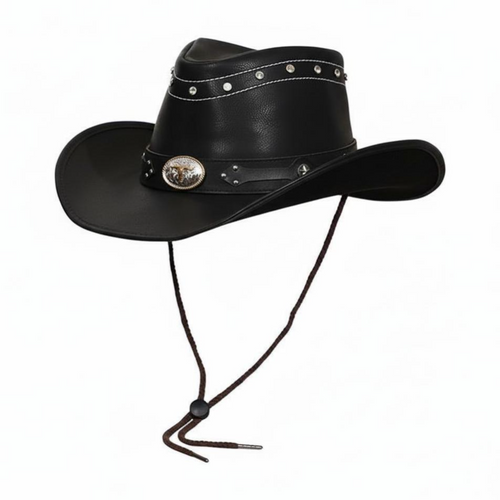 Wide-brim leather sun hat shields sun.