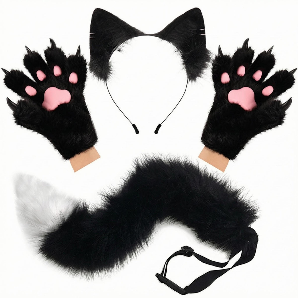Feline Ears Tail Gloves Set Faux Fleece Cat Ear Headband Adjustable Strap Paw Gloves