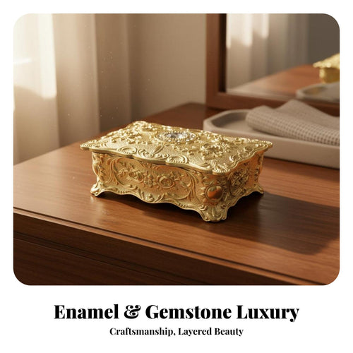 Enamel Finish Vintage Metal Jewelry Box Exquisite Handcraft Floral Embossed Trinket Case Jeweled Accent for Girls