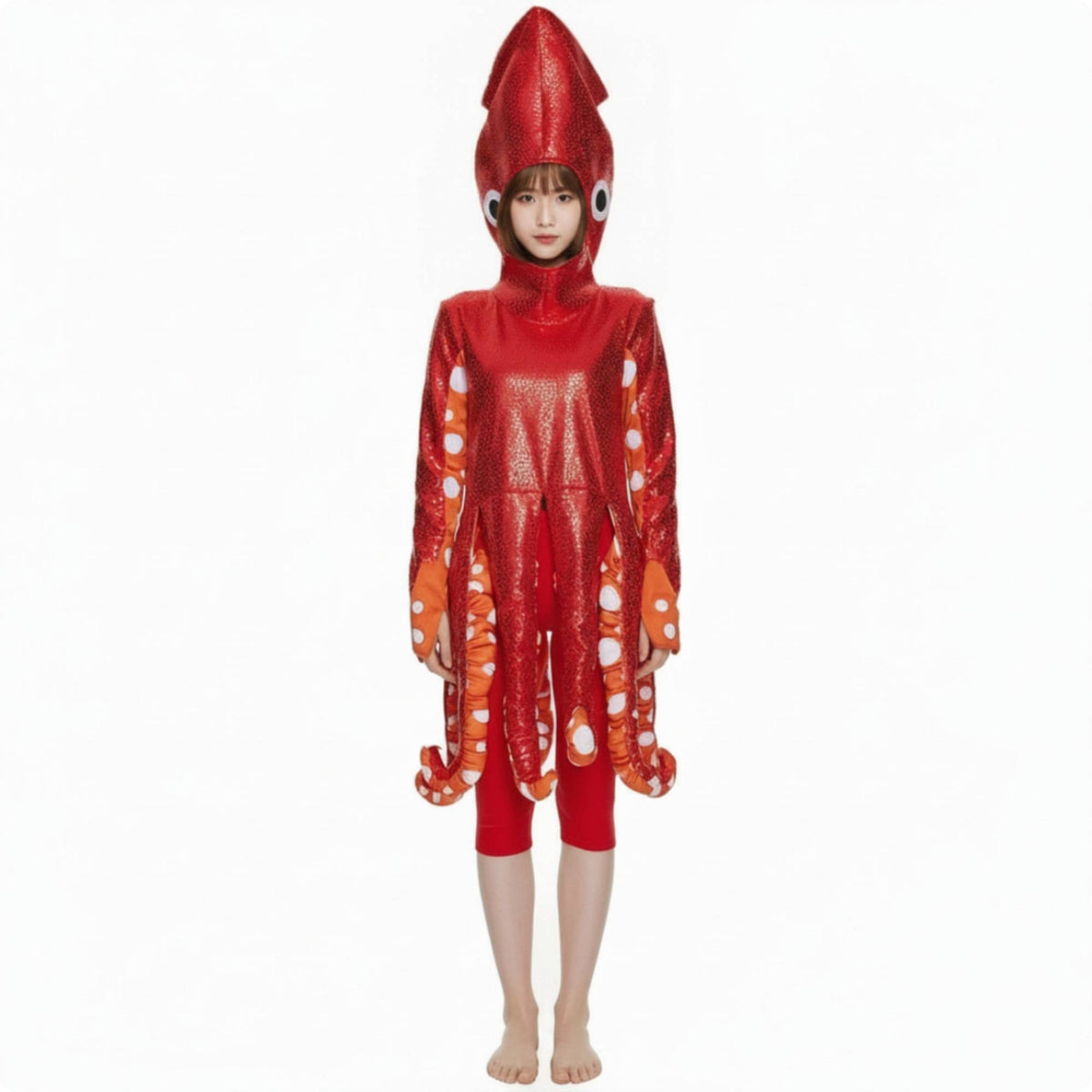 Squid Costume Shiny-Look Jumpsuit with Hood Novelty Bodysuit for Cosplay