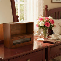 Wood Desktop Organizer Multi-Purpose Wooden Storage Cabinet Glass Door Panels