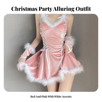3 Pieces Christmas Lingerie Dress Lace-up Front Trim Soft Pile Material Mini Dress Merry Matron Holiday Lady Lingerie Outfit