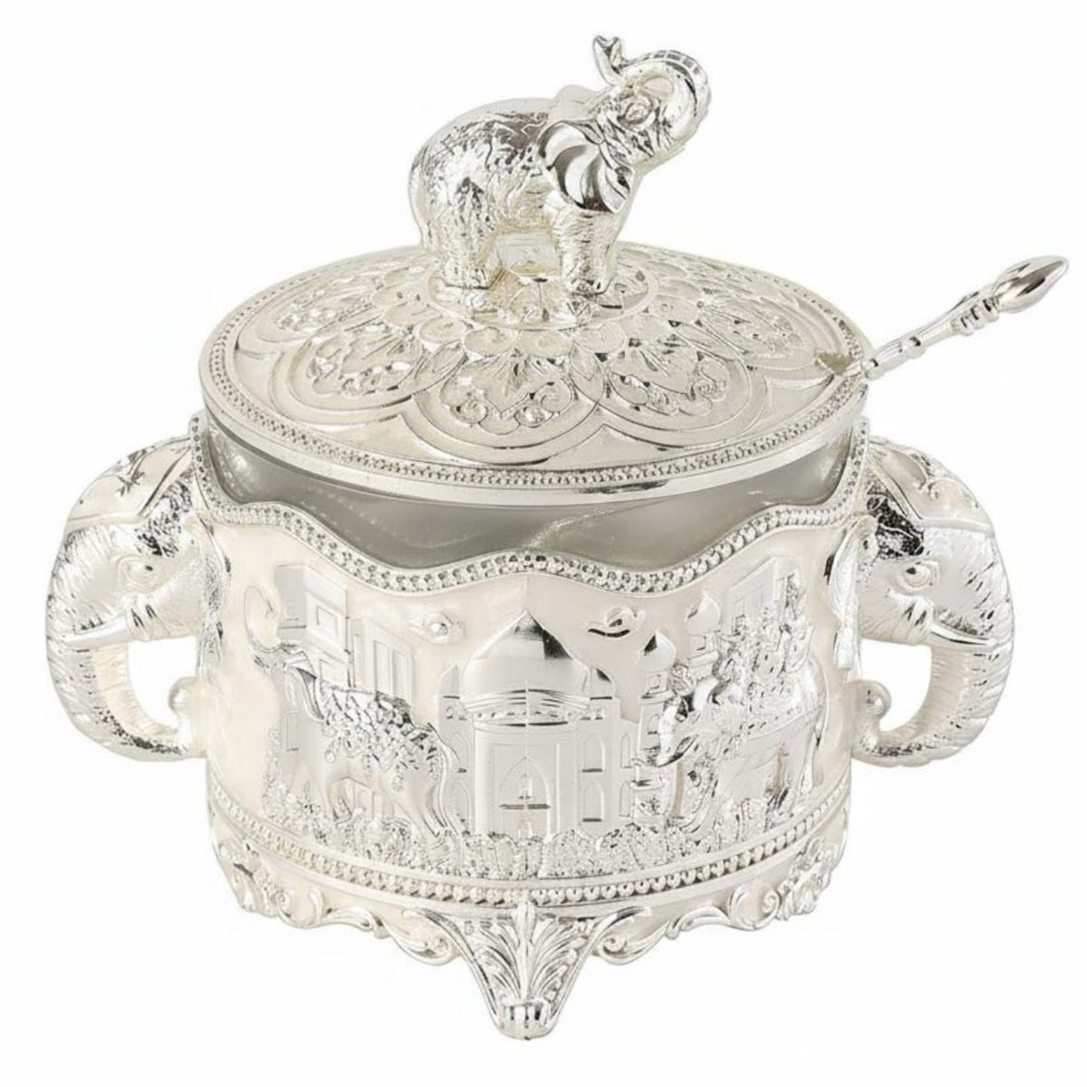 Elephant Sugar Bowl with Spoon Luxury Quality Ornate Silver Condiment Jar
