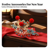 Chinese New Year Headpiece Good Fortune Symbol Chinese New Year Hair Crown Red Decorative Puff Tassel Hair Accessory Emblematic