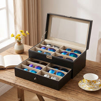 Eyewear Storage Box with Drawer Two-Layer Sunglass Organizer 12-Slot for Vanity