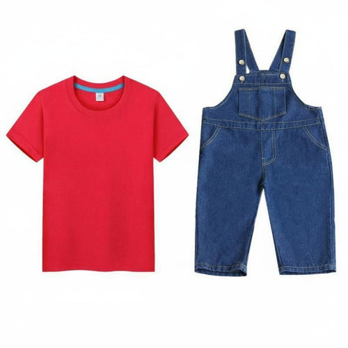 5 Pieces Red Cap and Blue Dungarees Outfit Cosplay Character Costume for Parents