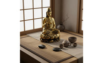 Peace Blessing Guanyin Statue Gold Finish Golden Guanyin Figurine Ornate Details Deity of Mercy Sculpture Detailed Carving for Office Desk