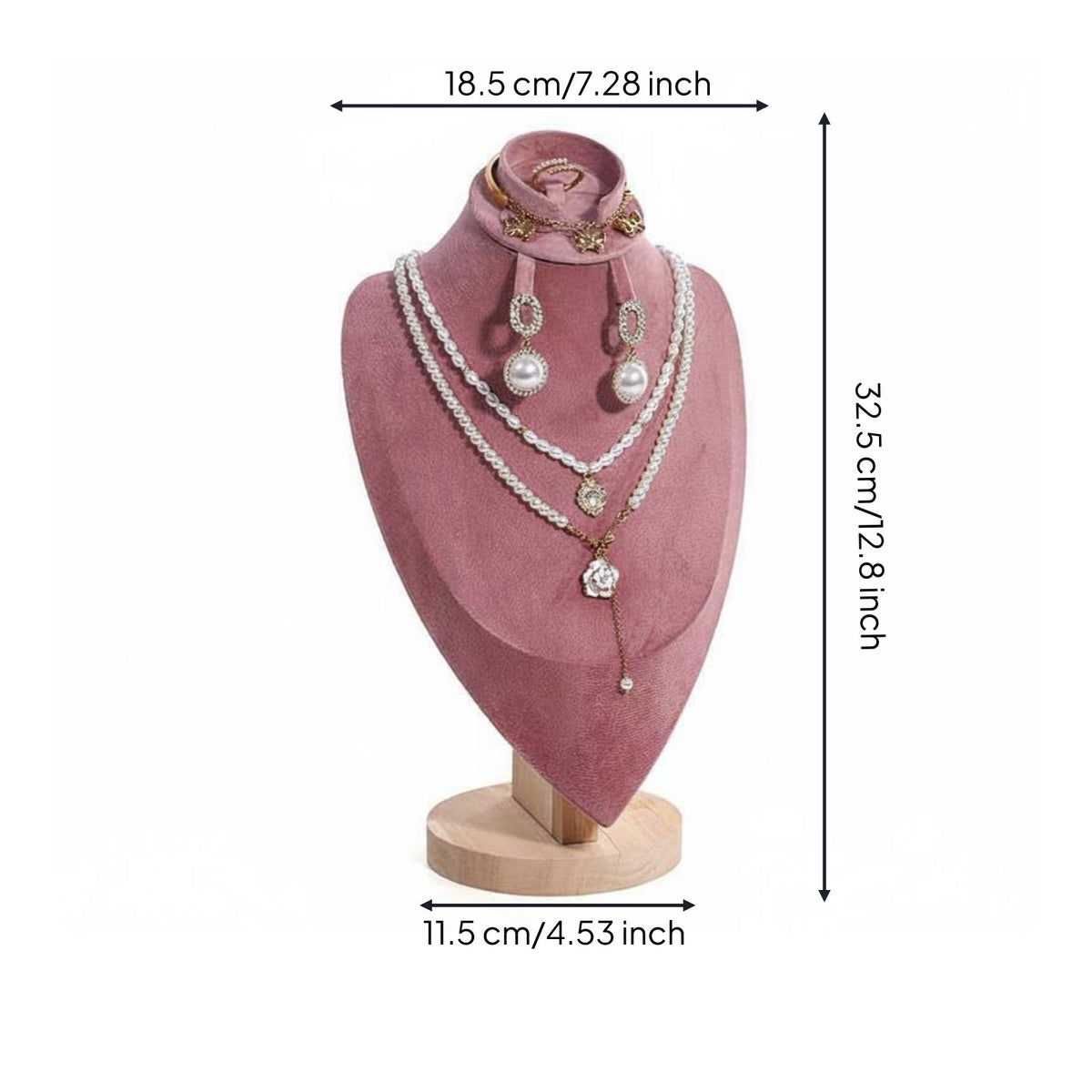 Velvet Jewelry Bust Solid Wood Base Portrait Neck Form Display for Retail Shop