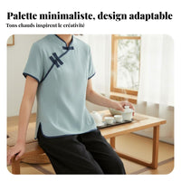 Chinese Style Tea Suit, Summer Cotton Linen Short Sleeve Top Set for Women