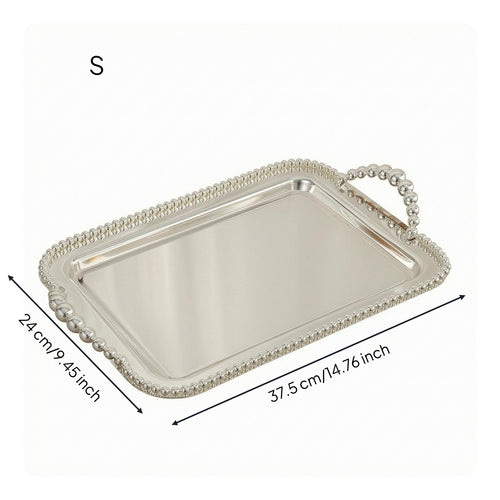 Mirrored Tray Beaded Border Handled Serving Tray Raised Rim