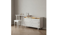 Vintage French Design Extendable Dressing Table Large Storage Capacity Retractable Makeup Table with Chest Multi-Functional Solid Wood Vanity Desk 3 Color Adjustable LED Light for Small Spaces