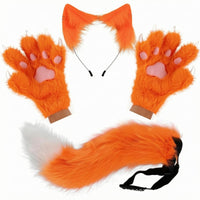 Feline Ears Tail Gloves Set Faux Fleece Cat Ear Headband Adjustable Strap Paw Gloves