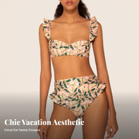 Modest Coverage High Waist Ruffle Bikini Vintage Inspired Floral Print Bikini Set Quick-Drying for Moms, Adults, Vacation, Resort, Cruise