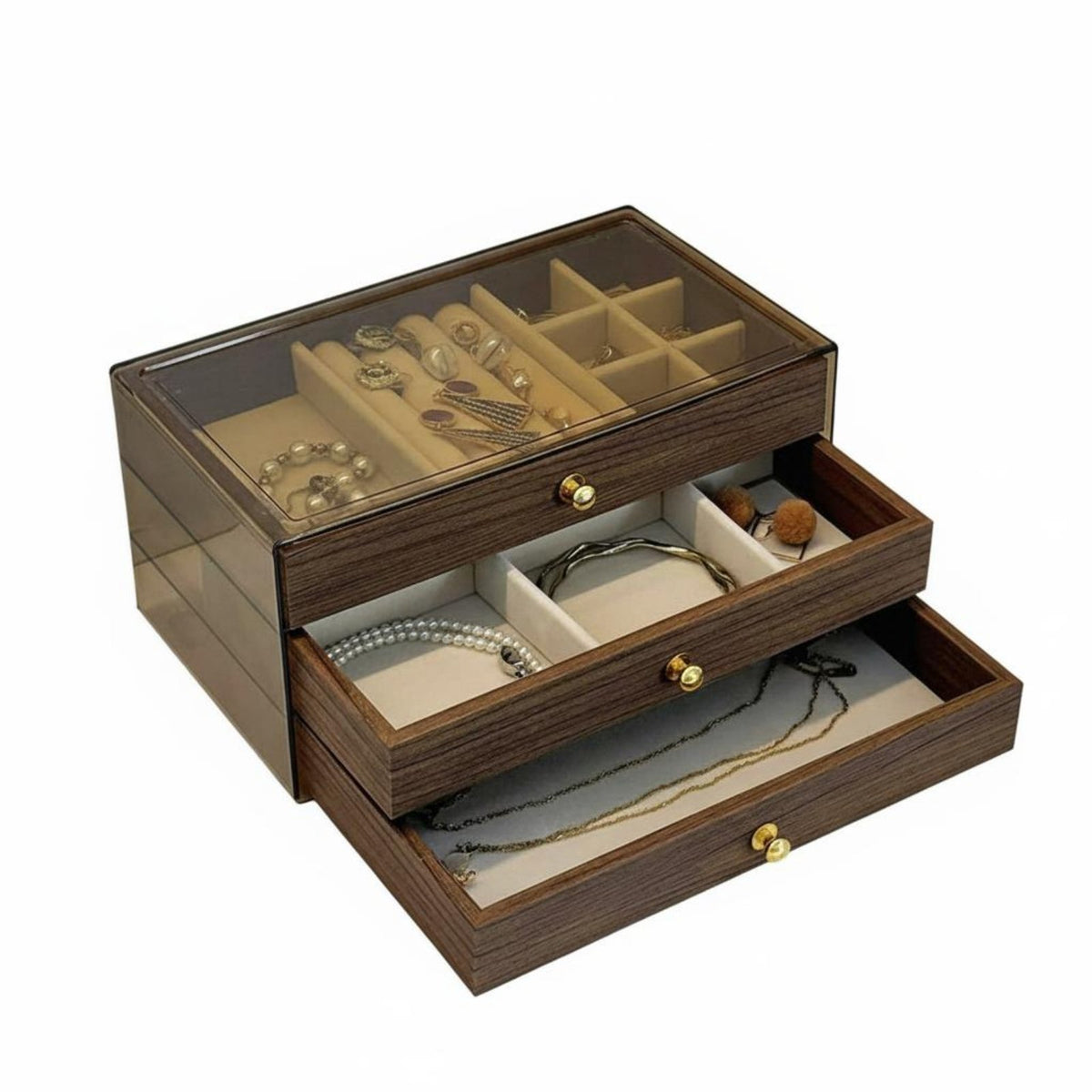 Walnut Wood Grain Jewelry Case Large Capacity Clear Top Band Storage Box