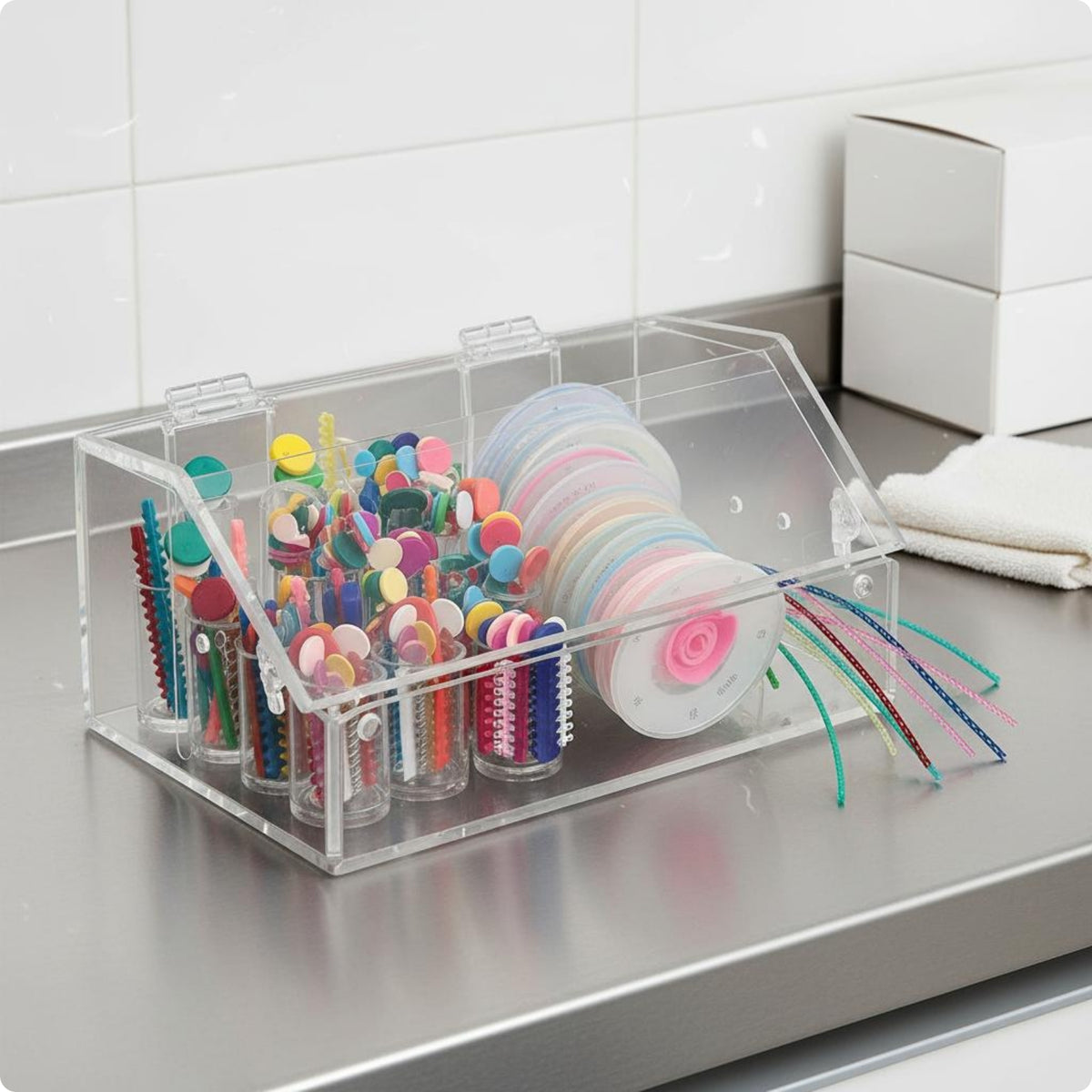 Acrylic Oral Storage Holder Hinged Lid Orthodontic Chain Box Clear