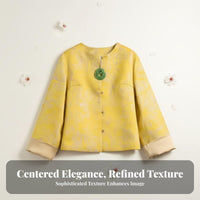 Yellow Jacquard Short Coat, Women's Loose Fit, Round Neck