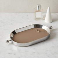 Decorative Serving Tray Stainless Steel Mirror Tray Leather Base Household Storage for Dining Table, Vanity