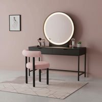 High-Density Foam Cushion Sherpa Vanity Chair with Backrest Shed-Resistant Upholstery Round Boucle Makeup Stool for Bedroom