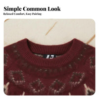Women’s Red Fair Isle Sweater, Geometric Knit Pullover, Soft Warm, Loose Fit