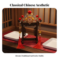 God of Wealth Hair Crown Good Luck Symbols Red Tassel Hair Comb Chinese Festive Hairpiece Handmade Traditional Chinese Headdress