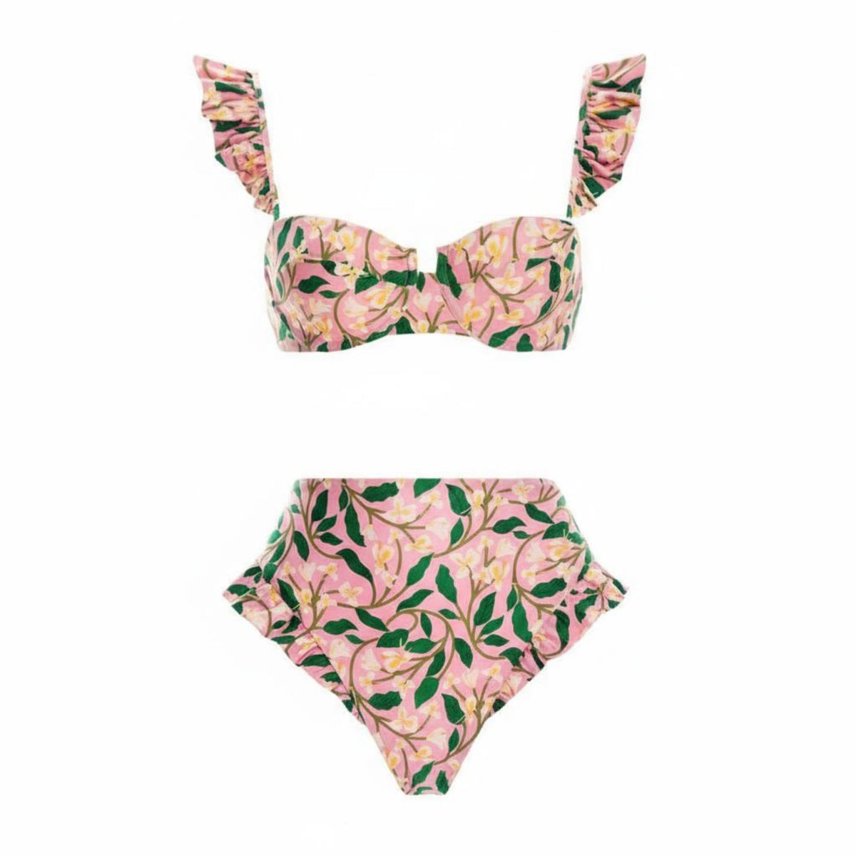 Modest Coverage High Waist Ruffle Bikini Vintage Inspired Floral Print Bikini Set Quick-Drying for Moms, Adults, Vacation, Resort, Cruise