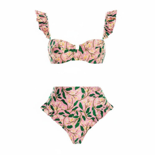 Modest Coverage High Waist Ruffle Bikini Vintage Inspired Floral Print Bikini Set Quick-Drying for Moms, Adults, Vacation, Resort, Cruise