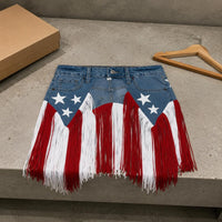 Denim Fringe Skirt Patriotic Waist Belt Skirt Button Closure