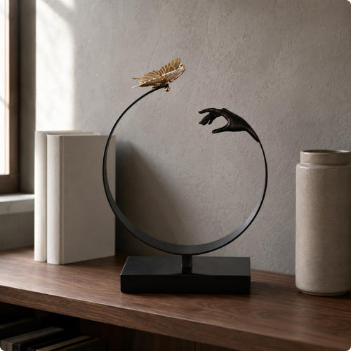Butterfly Loop Sculpture Marble Base Geometric Table Sculpture Copper Detail Geometric Tabletop Statue for Study