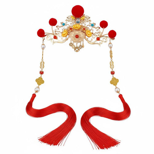 Red Plush Sphere Hair Crown Elegant Design Ancient Design Hair Crown Tassel Headdress Vintage Inspired Festive Headwear
