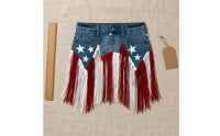 Denim Fringe Skirt Patriotic Waist Belt Skirt Button Closure