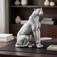 Resin Leopard Sculpture Electroplated Big Cat Figurine Luxury Look Sitting Statue for Living Room, Office Desk, Shelf
