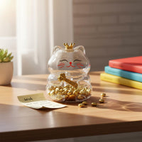 Feline Piggy Bank Transparent Glass Feline Coin Bank Crown Top