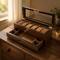 Double-Layer Watch Organizer Transparent Lid Wooden Watch Box Golden-Hued