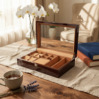 Watch Display Case with Glass Lid Tabletop Wooden Display Case Transparent