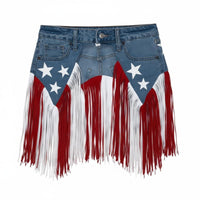 Denim Fringe Skirt Patriotic Waist Belt Skirt Button Closure