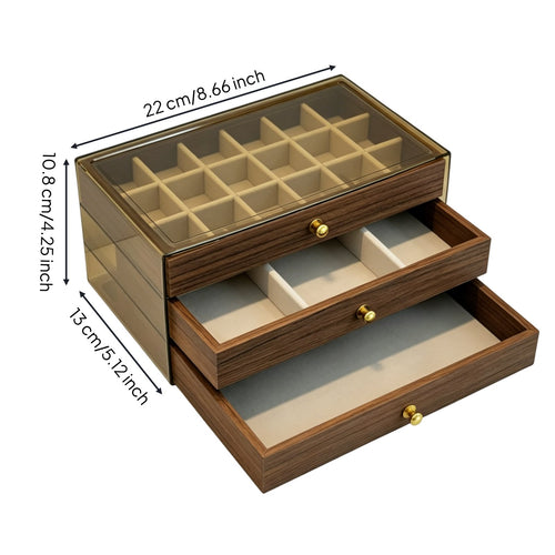 Walnut Wood Jewelry Box Velvet Lined Tiered Jewelry Storage Box Transparent Lid for Dresser, Bedroom