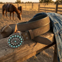 Floral Concho Belt Turquoise Stones Concho Belt Clothing Accessory Embossed Silver-Tone
